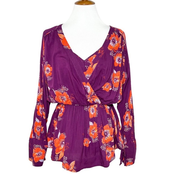 Free People Tropical Floral Print Faux Wrap Tie Sleeve Purple Peplum Blouse - Picture 2 of 15